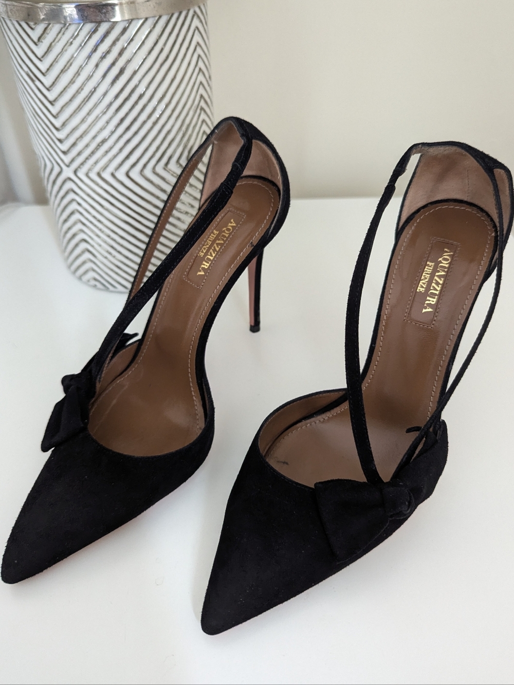 Aquazzura Parisienne Pumps with Bow Detail in Black Suede